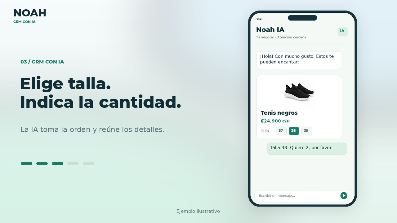Demostración ilustrativa del CRM de Noah: de una consulta por WhatsApp a un pedido